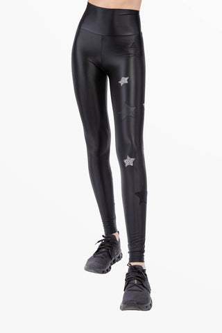 Lunis Leggings en Lycra Soyeuse avec Étoiles Noir et Argent Lurex