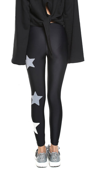 Leggings in lycra neri con stelle applicate grigio chiaro e argento - L'Equilibriste