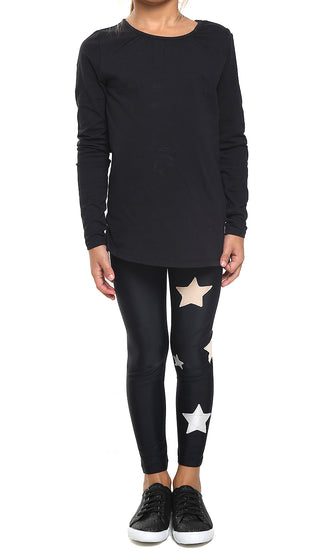 Leggings Enfant en Lycra noirs avec étoiles appliquées rose poudre et argent - L'Equilibriste