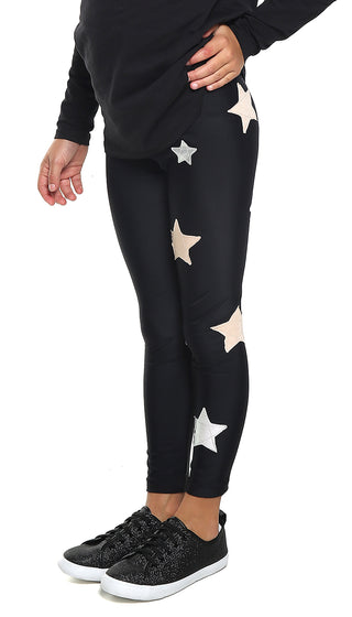 Leggings Enfant en Lycra noirs avec étoiles appliquées rose poudre et argent - L'Equilibriste