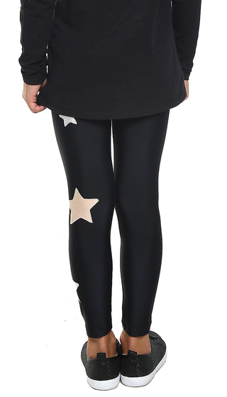 Leggings Enfant en Lycra noirs avec étoiles appliquées rose poudre et argent - L'Equilibriste