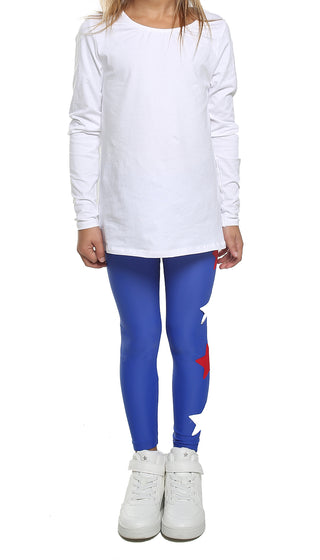 Leggings Enfant en Lycra bleu électrique avec étoiles appliquées rouges et argent - L'Equilibriste
