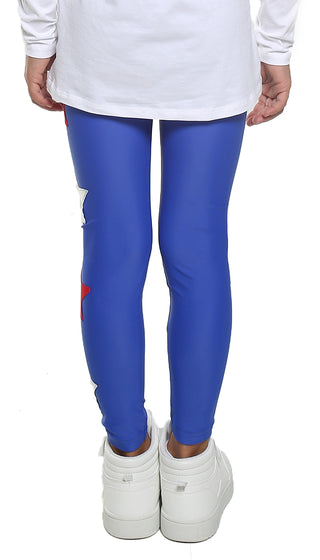 Leggings Enfant en Lycra bleu électrique avec étoiles appliquées rouges et argent - L'Equilibriste